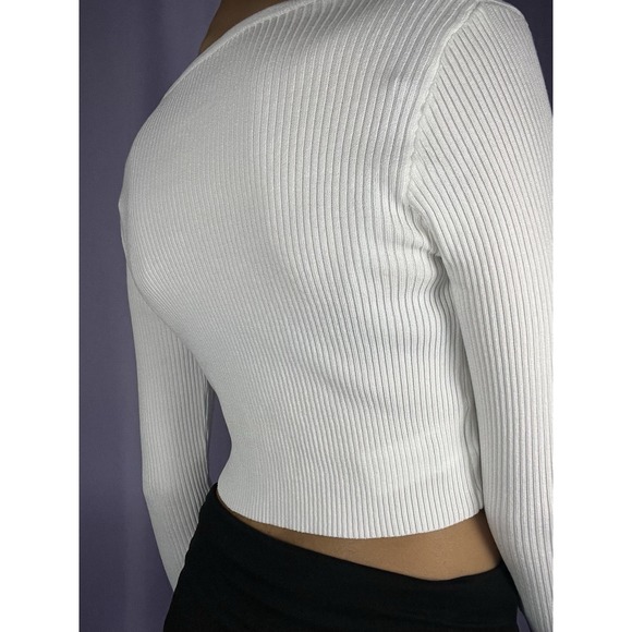 Cream Ribbed Knit Tie Front Cardigan Womens Size XS Off White Chic Minimalist - Picture 3 of 8